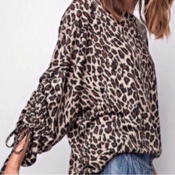 easel Tops - Leopard animal print top hacci knit oversized cozy sweater top long sleeve